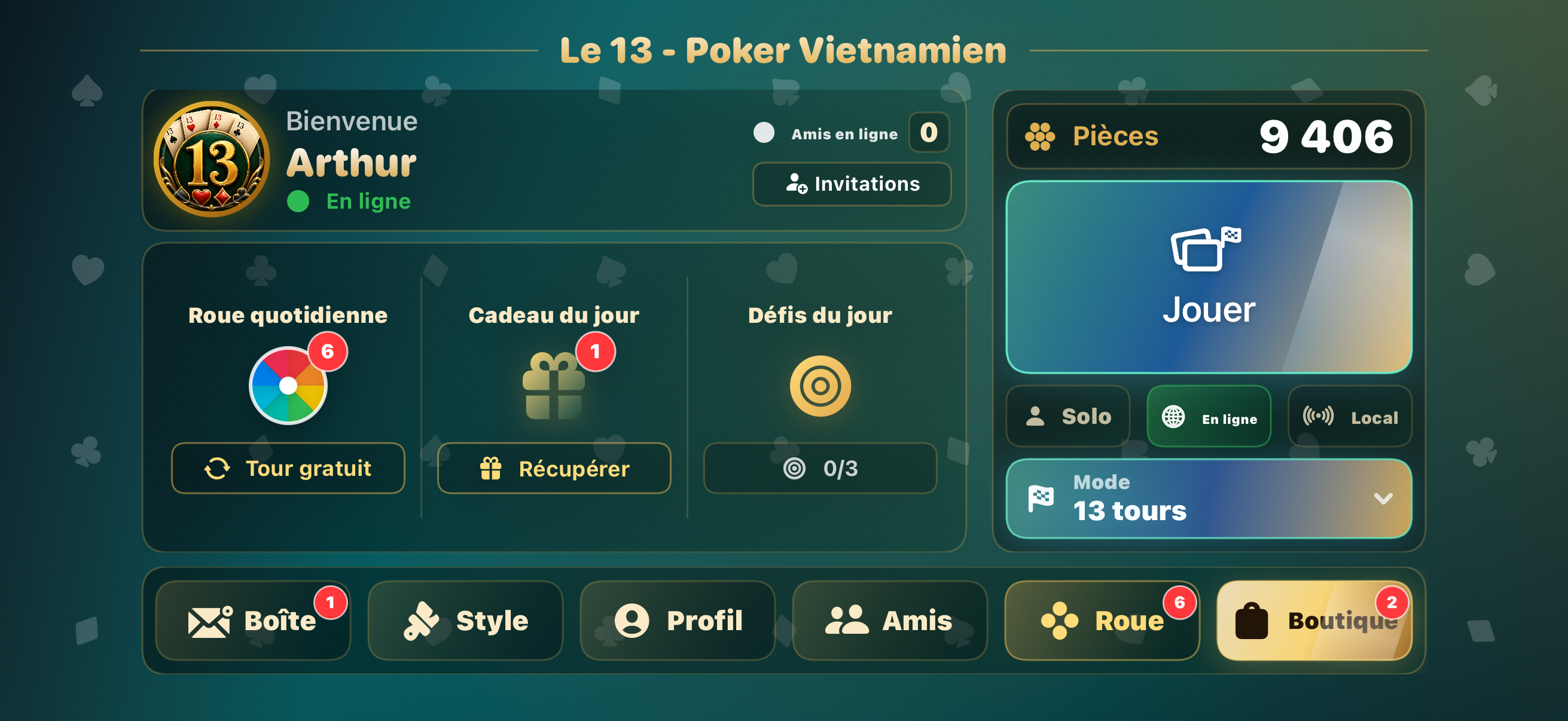 Ecran d'accueil de Le 13