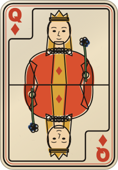 La dame de carreau du jeu Vintage, trait noir et couleurs au pochoir