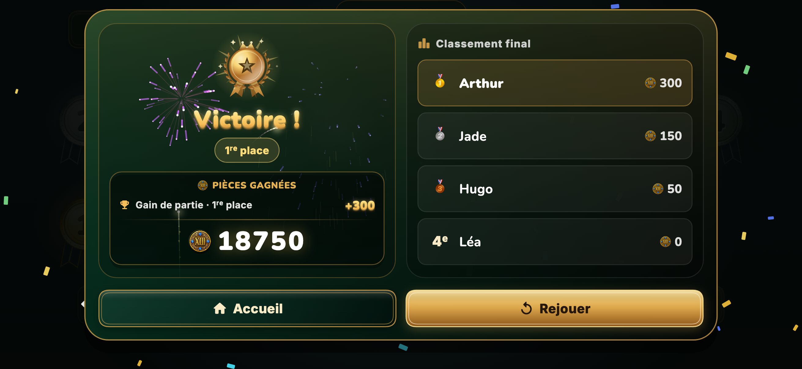 Fin de partie du 13 sur iPhone : victoire en première place, pièces gagnées et classement final des quatre joueurs